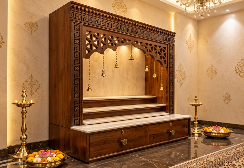 Simple wooden temple for home with defined prayer shelf and concealed lighting